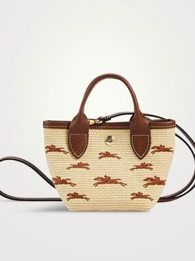 Longchamp Beige Woven Tote with Brown Leather Trim and Embroidered Horse